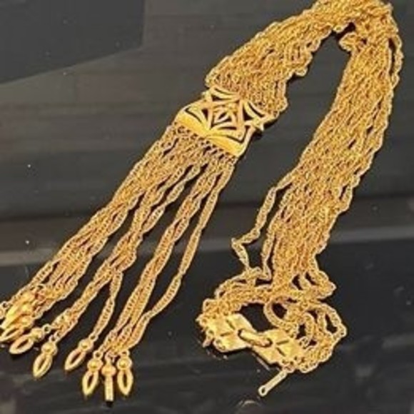 Vtg D'ORLAN Etruscan revival fringe tassel gold tone necklace 70's 26" - Picture 1 of 10